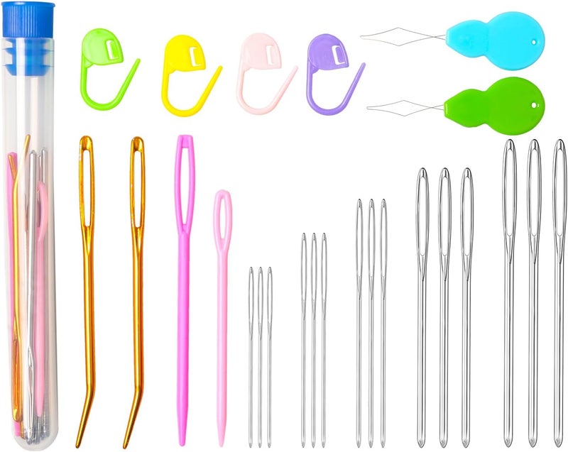 HEKISN 25Pcs Large Eye Blunt Yarn Needles Kit, Assorted Sizes Bent Tapestry Darning Needle & Stitch Markers &Threaders for Knitting, Crochet (Blue) - Image 1